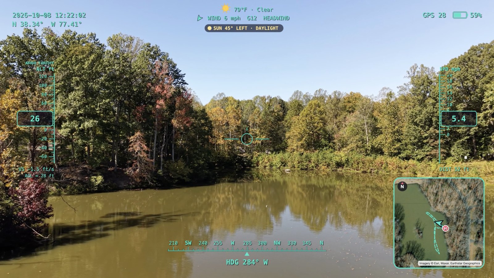 Drone footage over a lake with Flight Studio's HUD: altitude, speed, heading, weather, sun position and a live satellite map